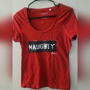 Guess Red Sequin Naughty/Nice Tee Large